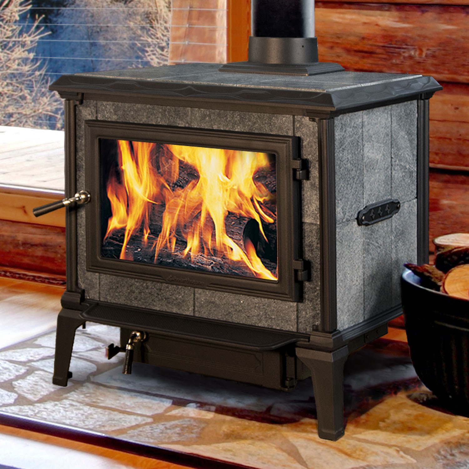 Mansfield 8012 Wood Stove black iron and granite.  Sitting on crab orchard stone with wood to the right a window to the left and wood overlapped background.
