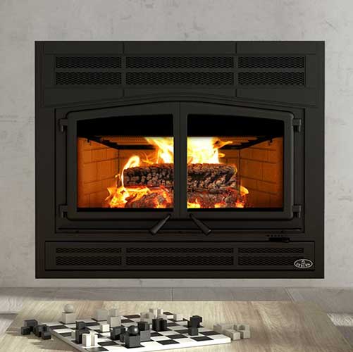 Large black framed two door wood fireplace Horizon-Large-Wood-Fireplace. Gray marble surround with a checkerboard in the foreground.