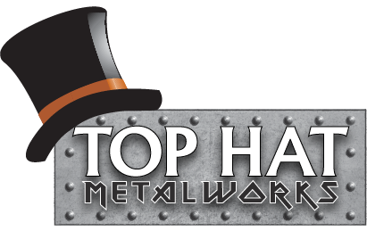Black top hat with orange hanging on Top Hat Metalworks rectangular logo