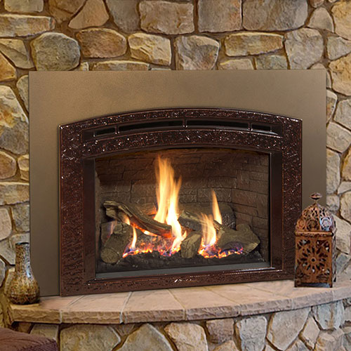 large gas fireplace insert with maroon facing large stones making up hearth