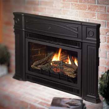 fire burning in medium sized gas black gas fireplace insert with reddish bricks on the hearth around it