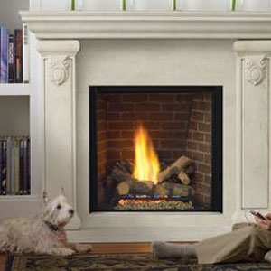 large white hearth with books on a shelf to the left and fire burning in fireplace small white dog sitting by the fire
