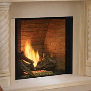 Large Gas Fireplace with wood burning and a white hearth
