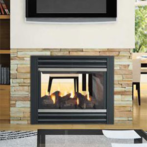 large black fireplace insert with flat screen tv above it
