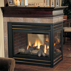 black fireplace with glass windows and fire burning in it dark brown and porcelain hearth