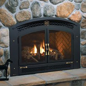 Black arched fireplace insert with large doors and fire burning