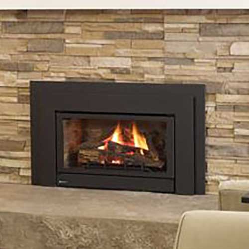 Black fireplace insert with fire burning and bricks in the hearth