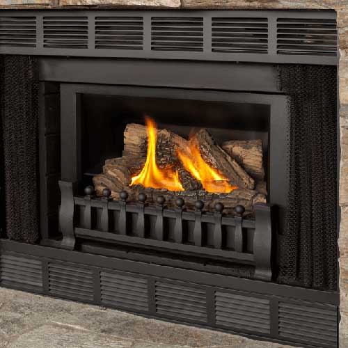 retro black fireplace insert with fire burning metal vents at top and bottom of insert