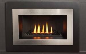 Metal Rectangular Fireplace with five flames burning in it