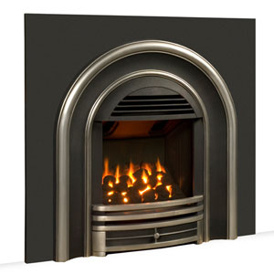 Arch shaped black and silver fireplace insert with fire burning in it