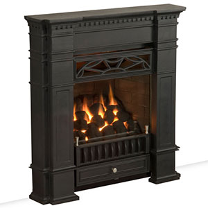Arch shaped black and silver fireplace insert with fire burning in it