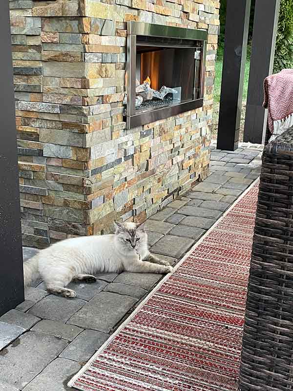 Side view of outdoor fireplace with multi-colored stacked stone.  Sofa on red outdoor rug with Himalayan kitty laying to the side.