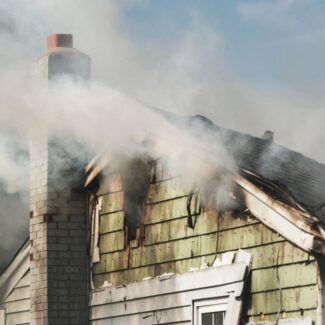 smoke coming out of the roof of a home with a chimney