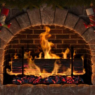 a large Yule log burning in a fireplace with stockings
