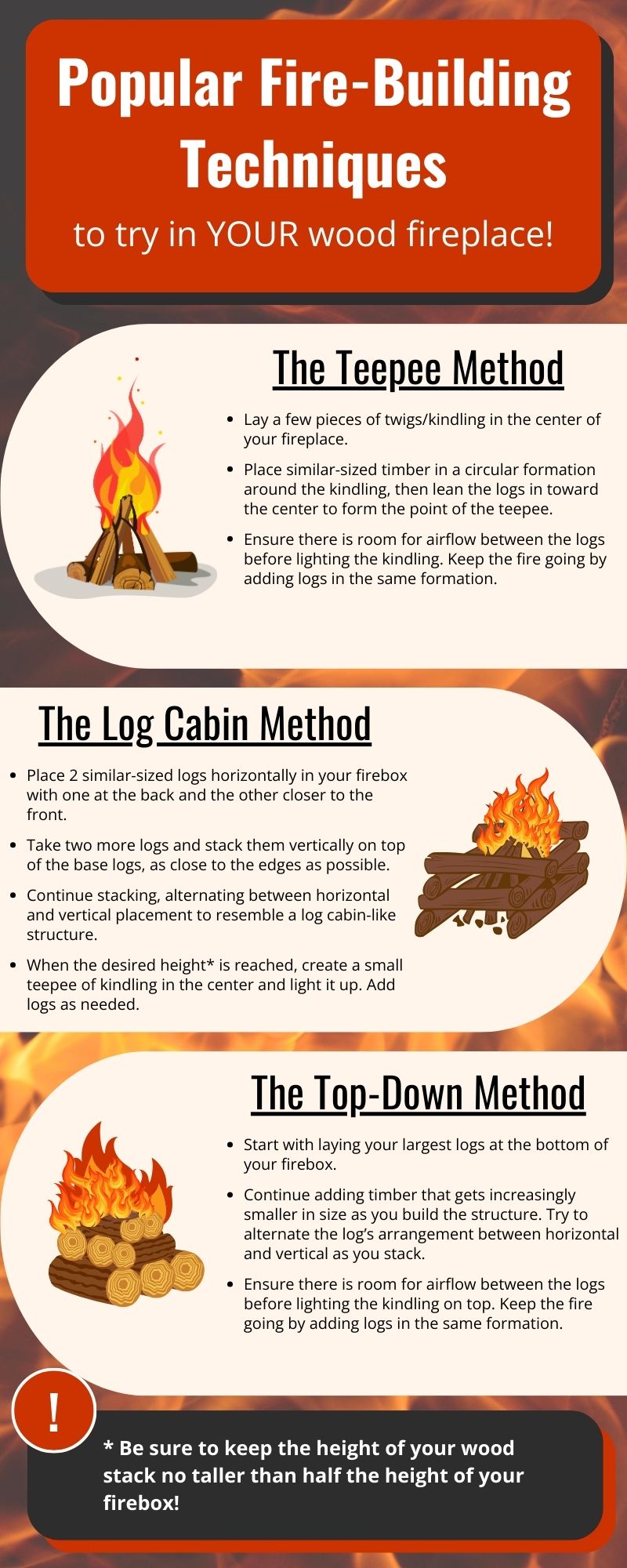 original infographic explaining different wood fireplace-building techniques