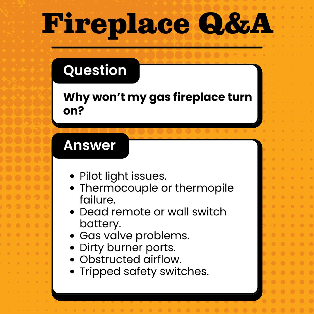 original infographic of common reasons a gas fireplace won't turn on