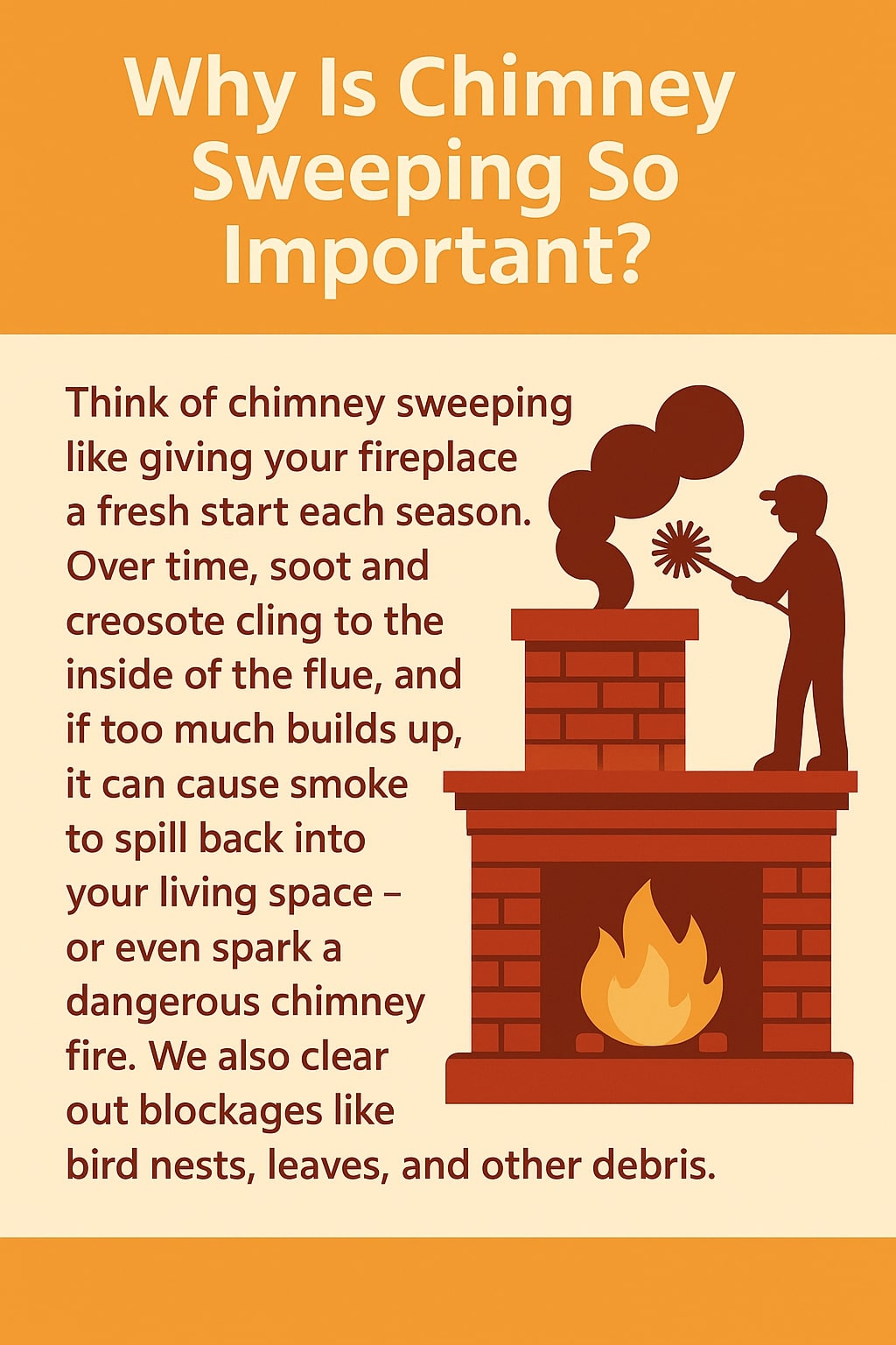 original infographic has an orange background with the title “Why Is Chimney Sweeping So Important?” in bold white and yellow letters at the top. Below, there is a cream-colored section with dark red text explaining the importance of chimney sweeping, comparing it to giving a fireplace a fresh start each season, warning about soot and creosote buildup causing smoke or chimney fires, and noting that blockages like bird nests and leaves are also removed. To the right, there is a simple illustration of a person using a chimney brush with smoke rising from the chimney, placed above a red brick fireplace with a bright orange and yellow flame inside.