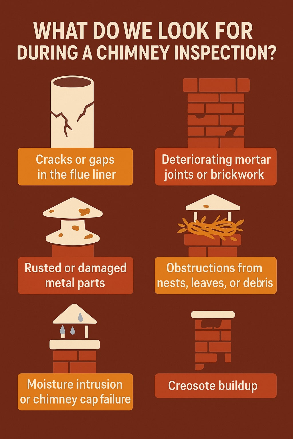 Original infographic with a dark red background and white bold heading that reads “What do we look for during a chimney inspection?” followed by six illustrated boxes in two columns. Each box includes a simple graphic above descriptive text. The left column shows: a cracked beige chimney liner labeled “Cracks or gaps in the flue liner,” a rust-colored metal cap with rust spots labeled “Rusted or damaged metal parts,” and a chimney with raindrops labeled “Moisture intrusion or chimney cap failure.” The right column shows: a brick chimney with worn areas labeled “Deteriorating mortar joints or brickwork,” a chimney top with a bird’s nest and twigs labeled “Obstructions from nests, leaves, or debris,” and a chimney with dark buildup labeled “Creosote buildup.” The text boxes alternate between orange and dark orange tones.