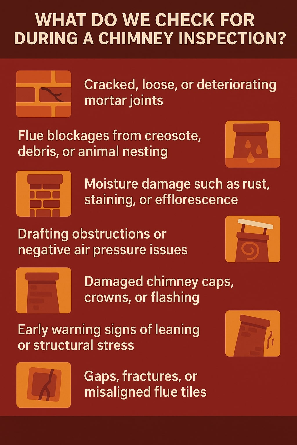 original infographic showing a red and dark-maroon background with bold white text at the top reading “WHAT DO WE CHECK FOR DURING A CHIMNEY INSPECTION?” followed by a list of inspection points paired with square orange-and-yellow illustrated icons; items include cracked, loose, or deteriorating mortar joints shown with a brick-wall icon featuring a crack, flue blockages from creosote, debris, or animal nesting shown with an icon of a chimney top and droplets, moisture damage such as rust, staining, or efflorescence shown with a brick-wall icon with discoloration, drafting obstructions or negative air pressure issues shown with a chimney icon emitting a swirl, damaged chimney caps, crowns, or flashing shown with a simple chimney-top graphic, early warning signs of leaning or structural stress shown with a tilted chimney illustration, and gaps, fractures, or misaligned flue tiles shown with an icon of a cracked square tile; the layout is symmetrical with text in beige tones and icons alternating left and right down the page.