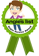green ribbon that has a womens face drawin on it and says Angie's List Super Services Award 2012